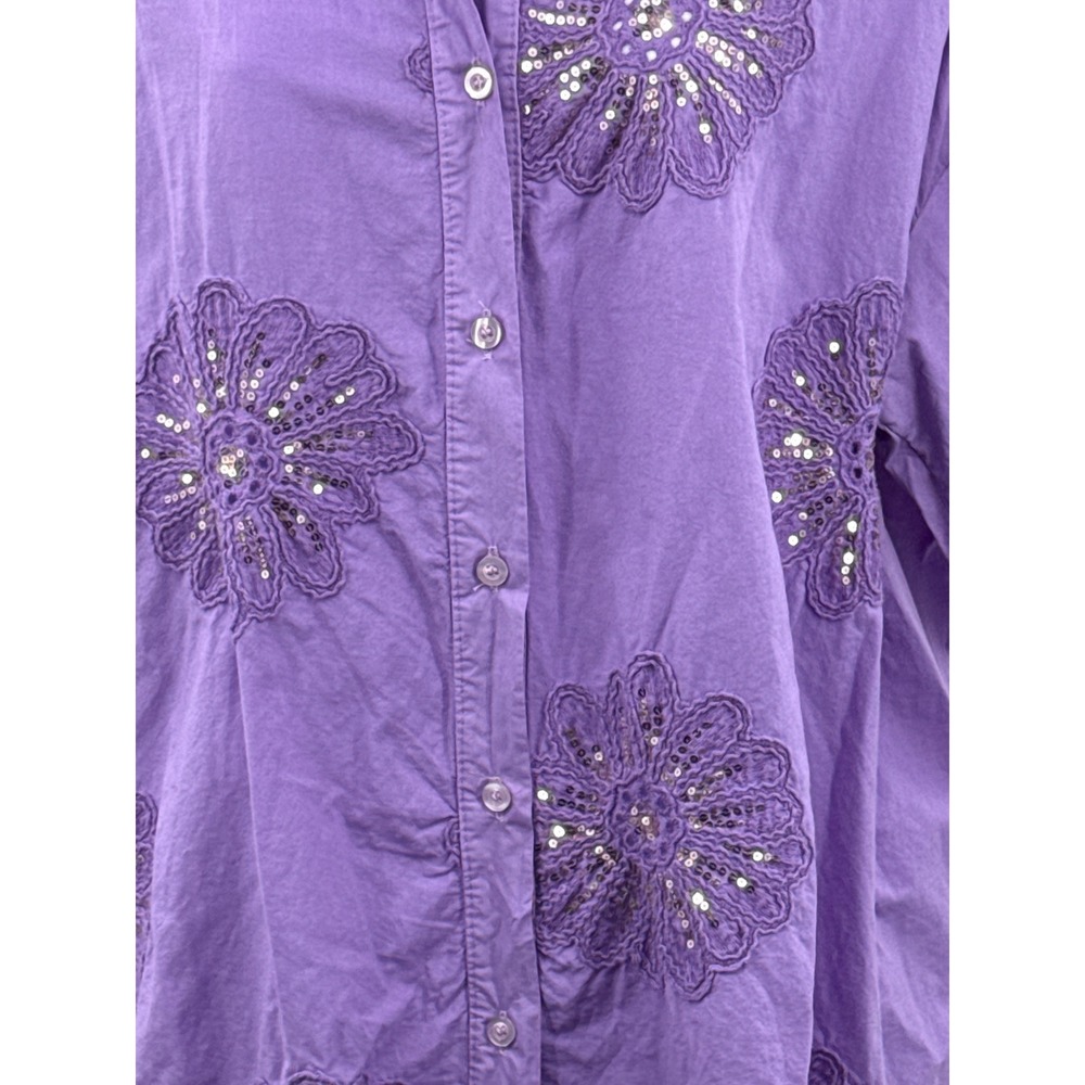 Rosa 99 Style Italy Purple Cotton Floral Sequin Embroidered Button Down Shirt - Picture 3 of 8